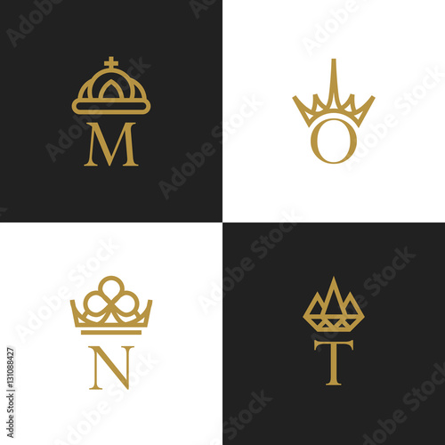 Letters with crowns ornamental golden logos. Vector icons set