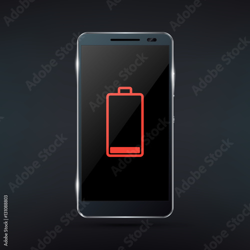 Shiny black smartphone with red low battery icon. Realistic vector illustration