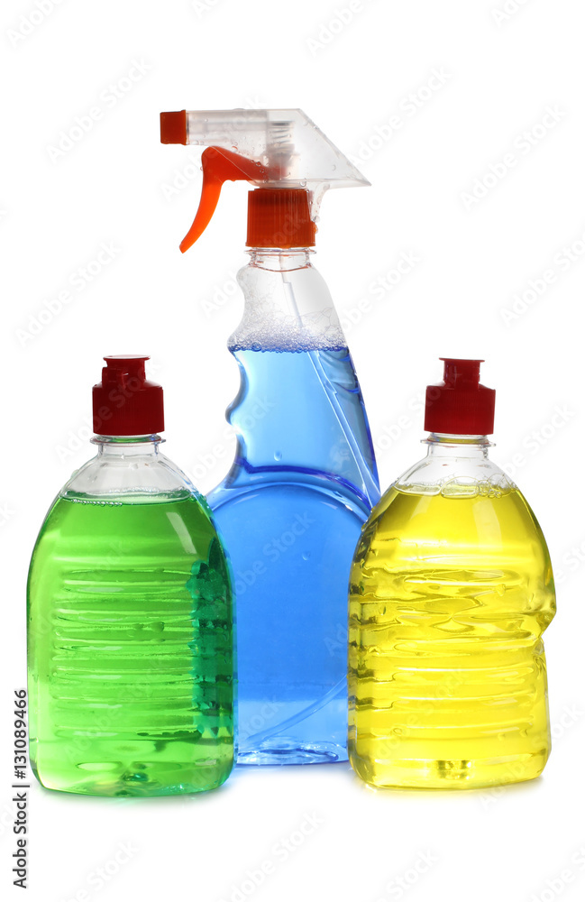 Protective and cleaning products on white background Protective and cleaning products on white background