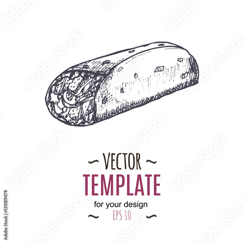 Vector vintage burrito drawing. Hand drawn monochrome fast food illustration. © Ilona Baha
