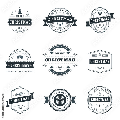 Set of Merry Christmas and Happy New Year typographic design elements for cards, Invitations, gifts or posters. Vector Illustration
