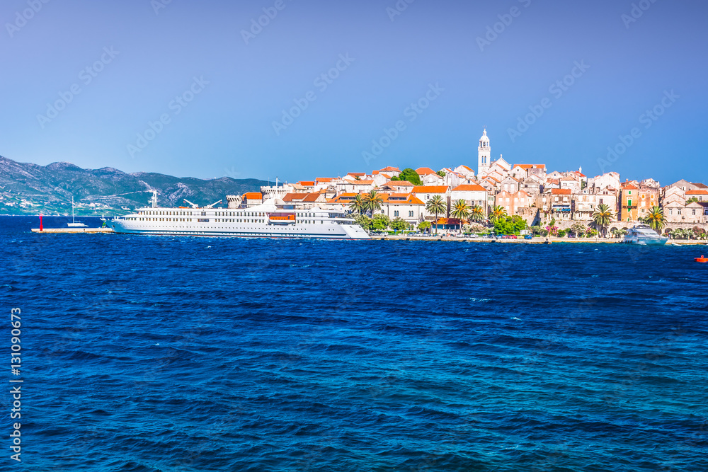 Korcula cityscape waterfront view. / Waterfront view at picturesque mediterranean town Korcula, Island Korcula, Croatia.