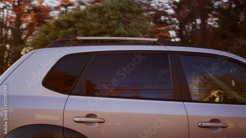 Young man and woman driving with a Christmas tree on top of their car