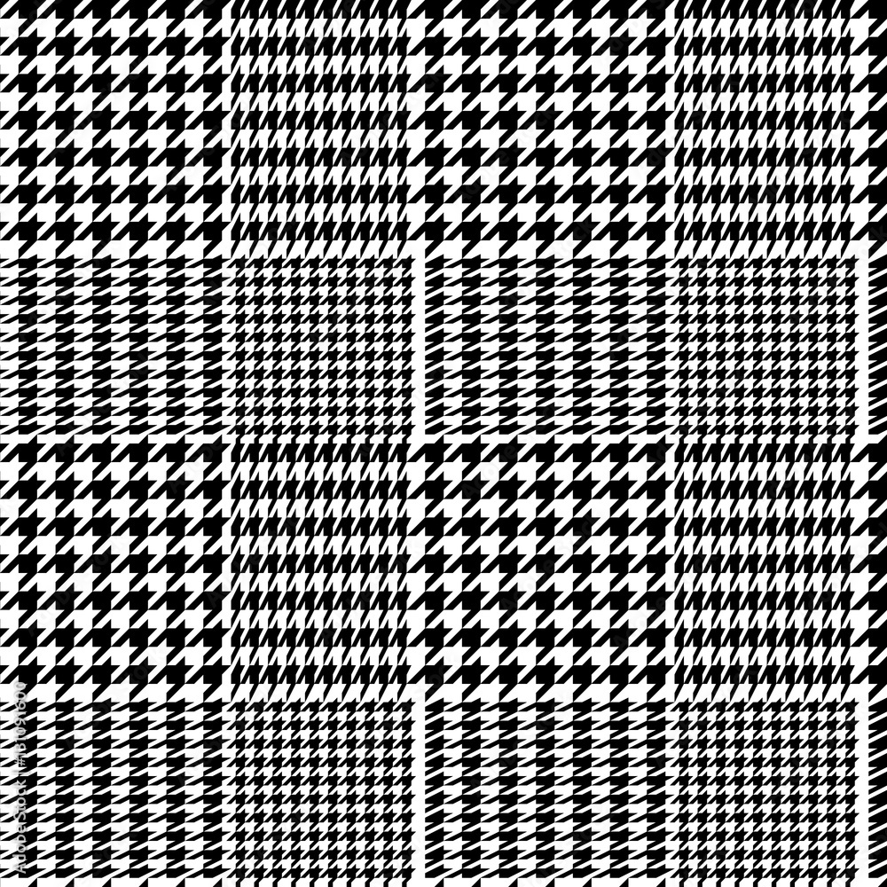 Houndstooth geometric plaid seamless pattern in black and white, vector