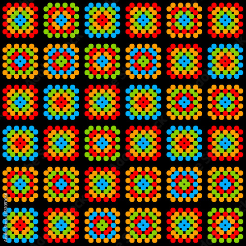 Colorful granny square crochet blanket ornament on black, vector