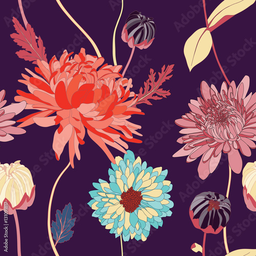 asian flower illustration seamless pattern
