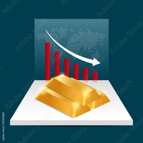 Gold price concept. Gold price falling down graph with world map