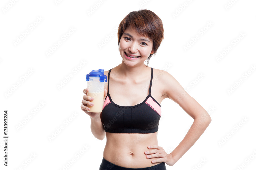 Beautiful Asian healthy girl with whey protein. Beautiful Asian healthy girl with whey protein.