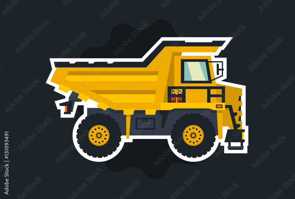 Dumper. Big car. Yellow truck. The object circled white outline on a dark background. Flat style