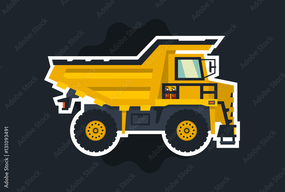 Dumper. Big car. Yellow truck. The object circled white outline on a dark background. Flat style Dumper. Big car. Yellow truck. The object circled white outline on a dark background. Flat style