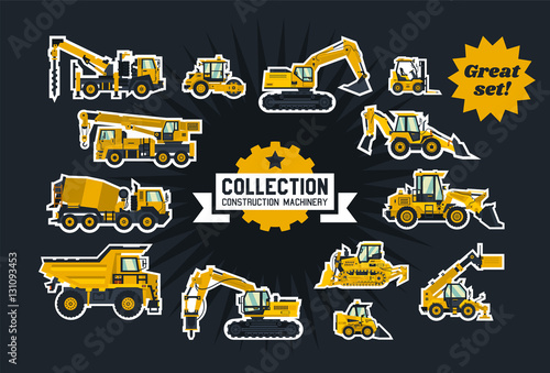 Collection of construction equipment. Special equipment. Objects circled white outline and isolated on a dark background. Excavators, bulldozers, cement mixers, crane truck, paver. Flat style