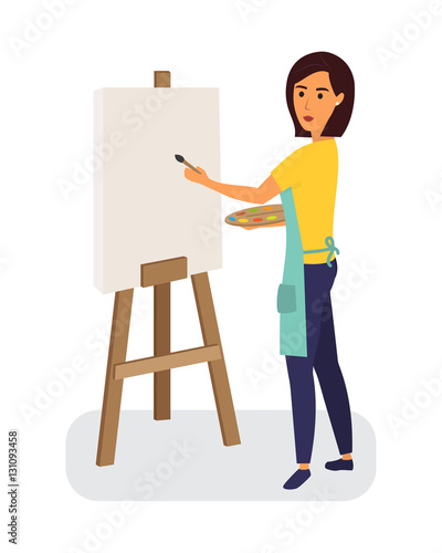 Female painter drawing on a canvas. Creative profession. Flat design vector illustration