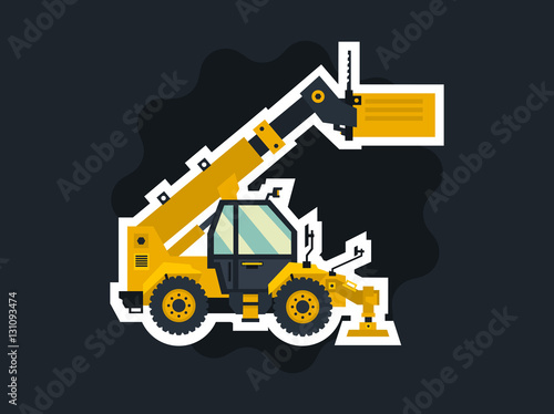 Yellow telehandler. Special equipment. The object circled white outline on a dark background. Construction machine. Commercial Vehicles. Vector illustration. Flat style