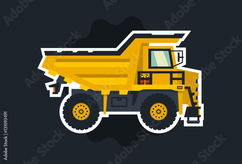 Dumper. Big car. Yellow truck. The object circled white outline on a dark background. Flat style