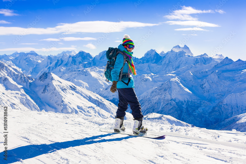 Woman, snowboard winter, rides, goggles, elbrus Woman, snowboard winter, rides, goggles, elbrus