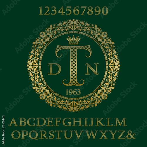 Lattice patterned gold letters and numbers with initial monogram. Decorative patterned font and elements kit for logo design.