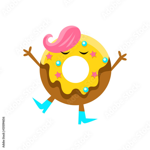 Humanized Doughnut With Yellow Glazing And Pink Hair Cartoon Character With Arms And Legs