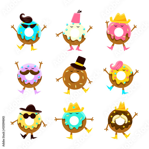 Humanized Doughnut Cartoon Characters With Arms And Legs With Different Facial Features Set On White Background