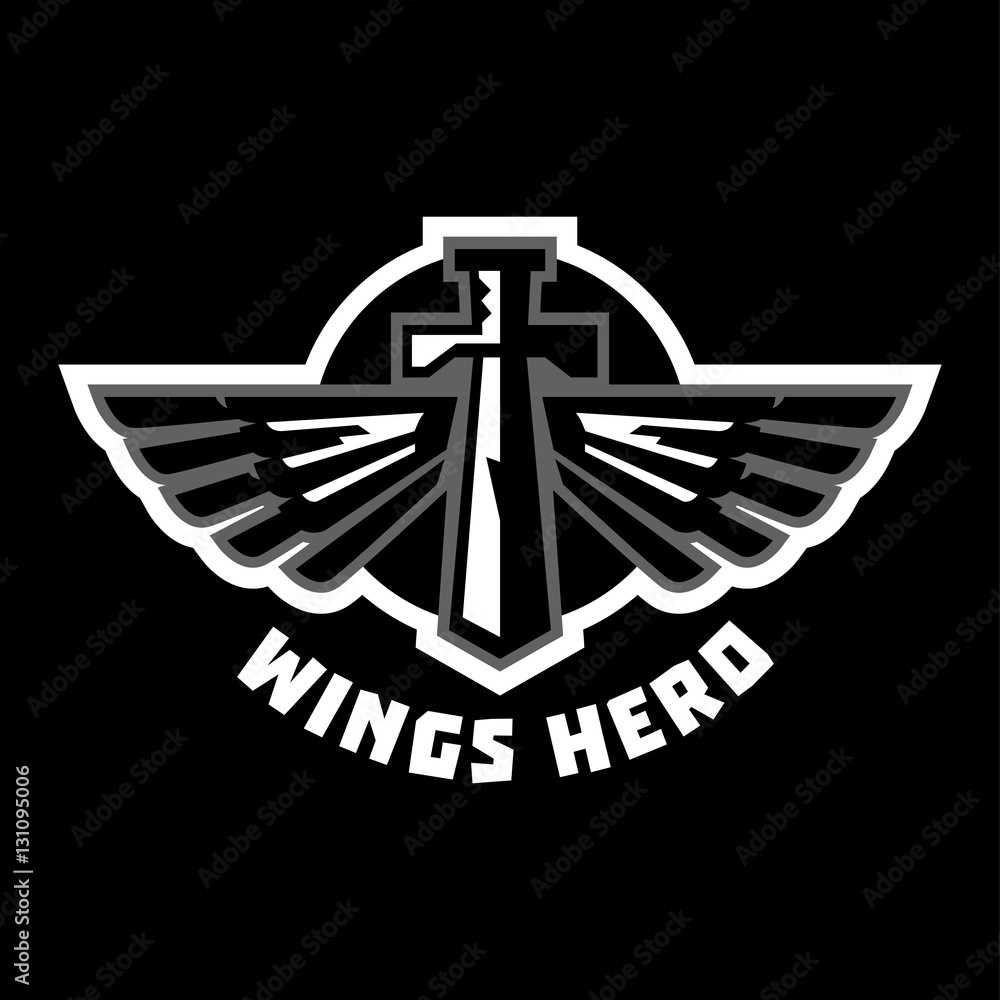 Logo sword and wings. Sticker isolated and encircled by a white outline in the background. Black and white execution. Vector illustration. Flat style Logo sword and wings. Sticker isolated and encircled by a white outline in the background. Black and white execution. Vector illustration. Flat style