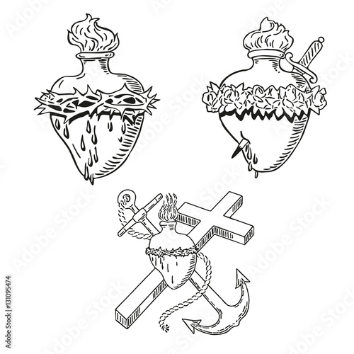 Set Heart of Blessed Virgin Mary tattoo illustration design