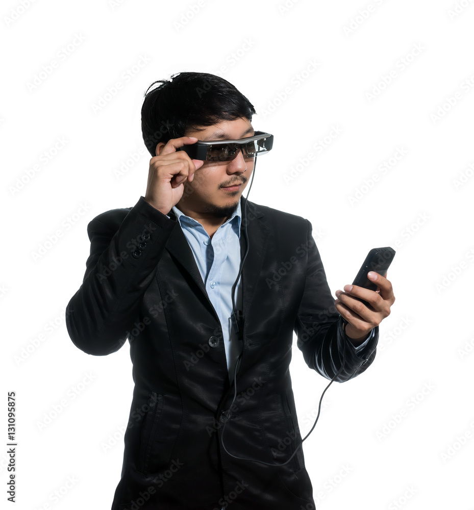 Businessman wearing smart high tech glasses and looking, busines Businessman wearing smart high tech glasses and looking, busines