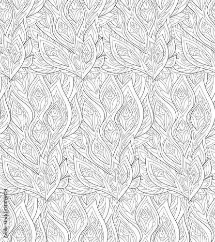 Oriental seamless background pattern. Vector illustration hand drawn. Fantasy feathers and leafs. Line art , black and white. Coloring page.