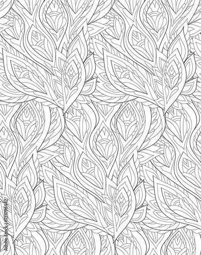 Oriental seamless background pattern. Vector illustration hand drawn. Fantasy feathers and leafs. Line art , black and white.