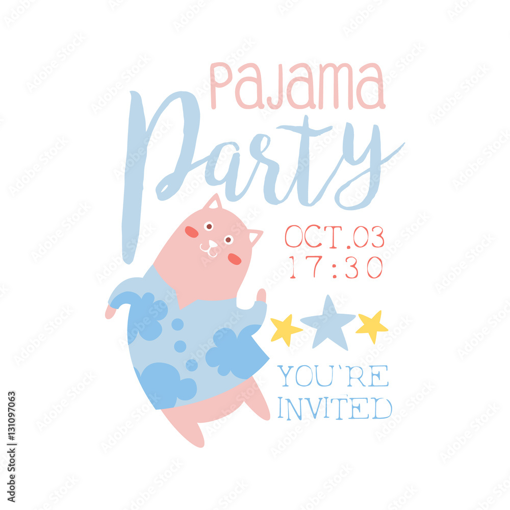 Girly Pajama Party Invitation Card Template With Cat Inviting Kids For The Slumber Pyjama Overnight Sleepover Girly Pajama Party Invitation Card Template With Cat Inviting Kids For The Slumber Pyjama Overnight Sleepover