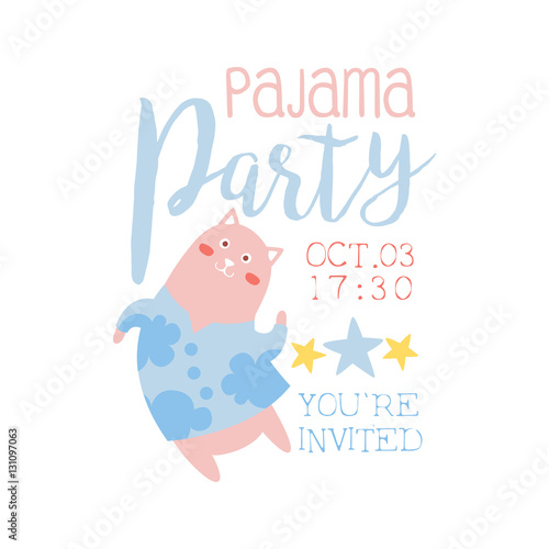 Girly Pajama Party Invitation Card Template With Cat Inviting Kids For The Slumber Pyjama Overnight Sleepover