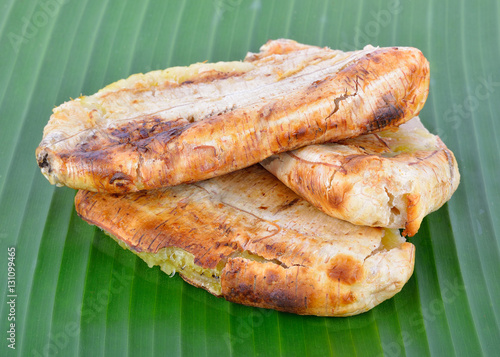 Banana grilled on banana leaf, dessert in Thailand