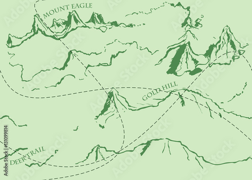 Aged fantasy vintage pattern with green historic fable map. Hand drawn fairytale historic treasure map. Seamless background, vector.