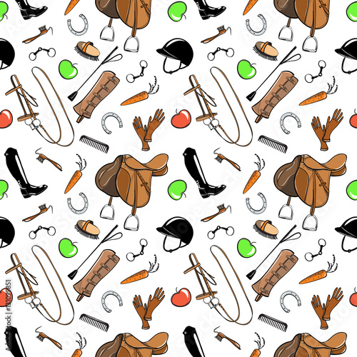 Set of horse riding tack tool on white. Seamless pattern with snaffle, bit, hat, bridle, saddle, brush, stirrup, whip, high boot. Vector cartoon hand drawn illustration.