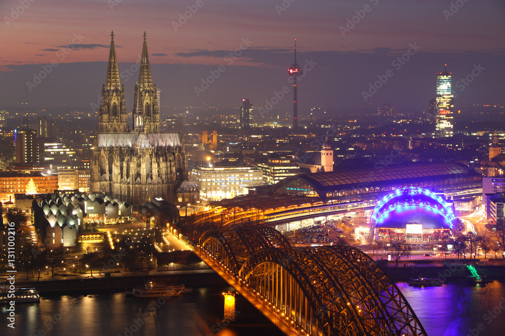 View on the Cologne cathedral in Germany after sunset