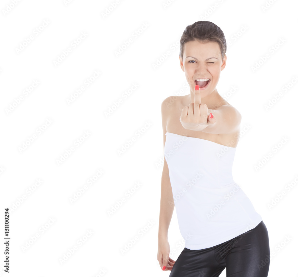 Young woman showing middle finger over white Young woman showing middle finger over white