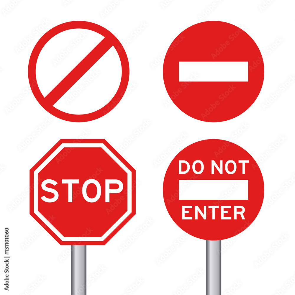 Set of stop transportation sign with metal pole on white backgro Set of stop transportation sign with metal pole on white backgro