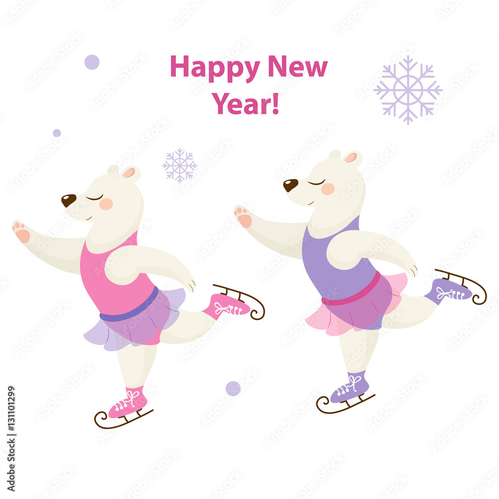 Cute polar bears, beautiful dancer on skates isolated on white background, perfect for new year cards and patterns. Vector illustration Cute polar bears, beautiful dancer on skates isolated on white background, perfect for new year cards and patterns. Vector illustration