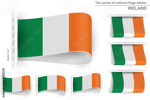 Flag of Ireland is embroidered on the textile tag and sewn with a thread stitch; Set of vector realistic icons of flag of Republic of Ireland from a fabric loop