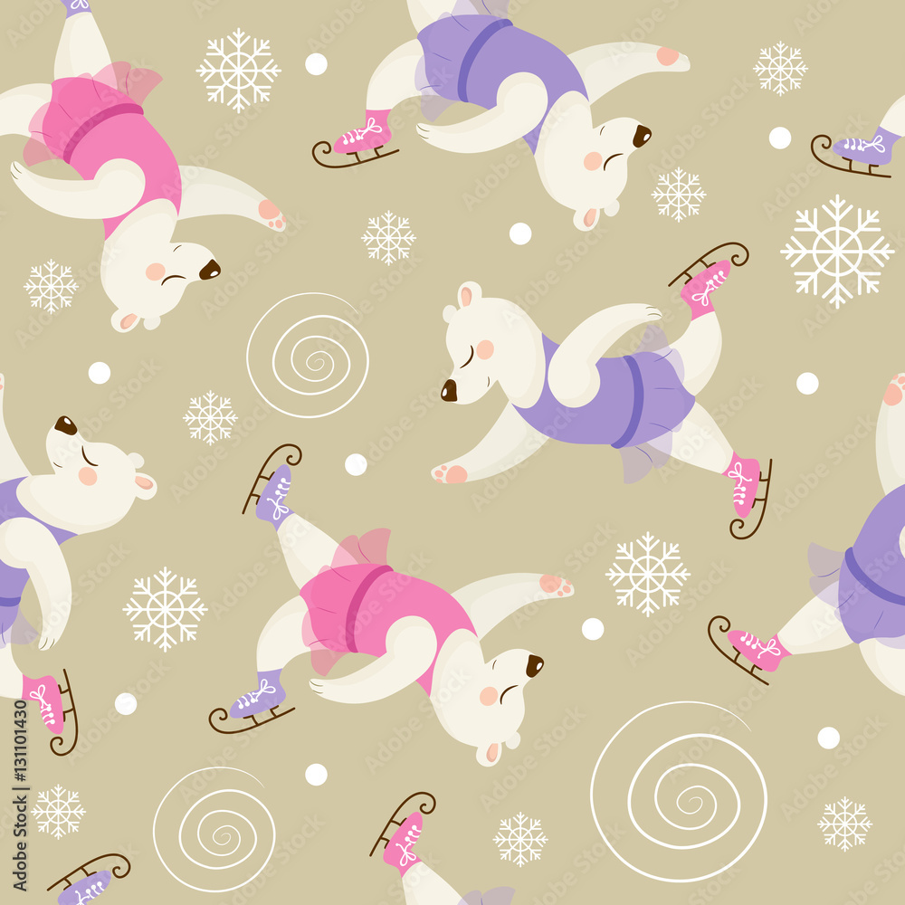 Fototapeta premium Vector seamless pattern with cute polar bears. Beautiful dancer on skates, perfect for prints and patterns.