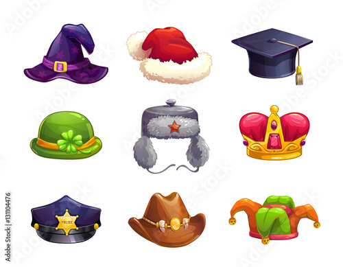 Cartoon different hat icons set.