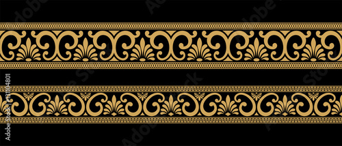 Set of seamless vintage Greek ornament. Golden pattern on a black background.
