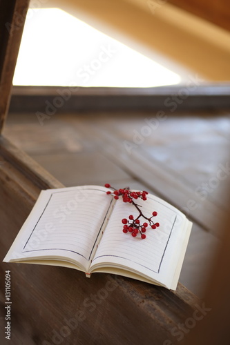 Open Book blank on old wooden background,신년