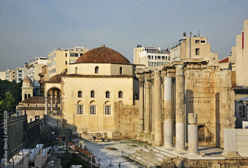 Tzistarakis Mosque and Library of Hadrian in Athens. Greece