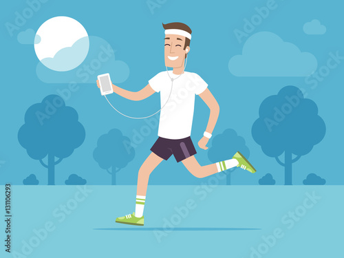Happy man jogging outside and listening music on his smartphone vector illustration in flat style