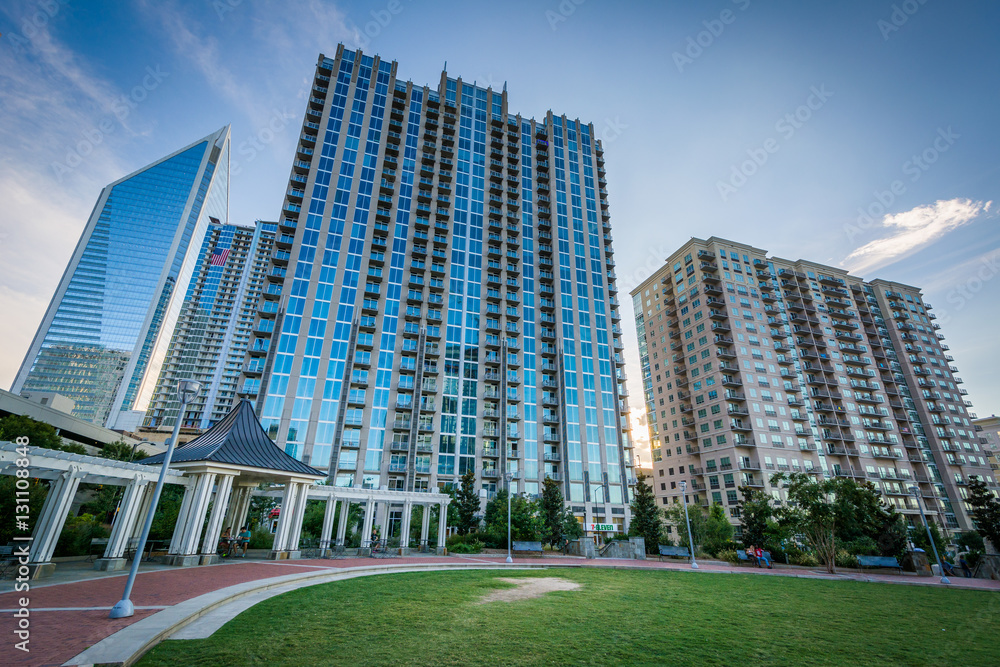 Modern buildings seen at Romare Bearden Park, in Uptown Charlott Modern buildings seen at Romare Bearden Park, in Uptown Charlott