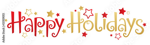 HAPPY HOLIDAYS banner in festive hand-drawn font with stars