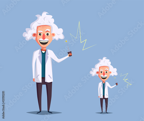 Crazy old scientist. Funny character. Cartoon vector illustration