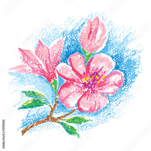 Vector illustration oil pastel magnolia flower in pink, bud and leaves isolated on white background. Colorful floral drawing in sketch style. Hand drawn art element for spring design.