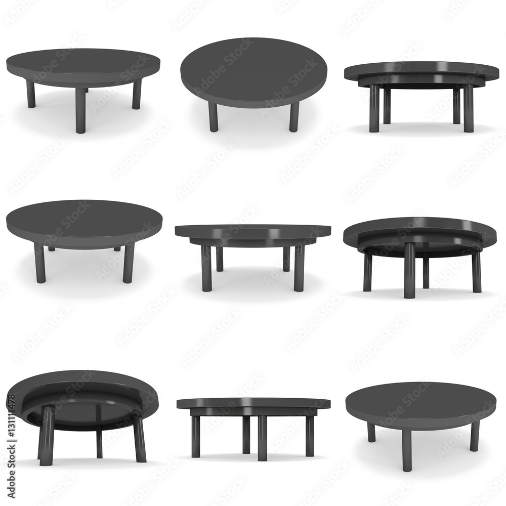 Black Round Table Set. 3D render isolated on white. Platform or Stand Illustration. Template for Object Presentation. Black Round Table Set. 3D render isolated on white. Platform or Stand Illustration. Template for Object Presentation.