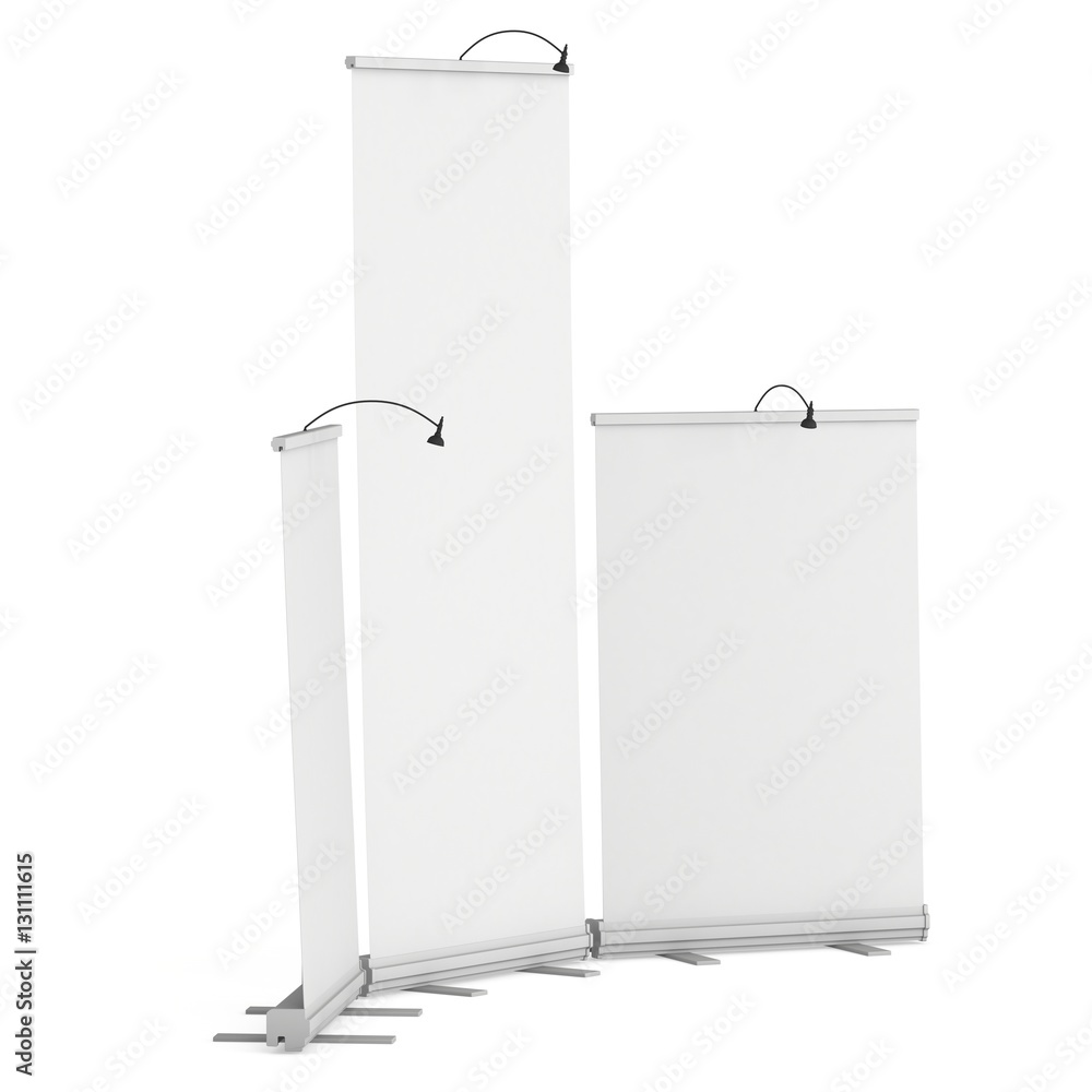 Blank Roll Up Expo Banner Stand Group. Trade show booth white and blank. 3d render illustration isolated on white background. Template mockup for your expo design. Blank Roll Up Expo Banner Stand Group. Trade show booth white and blank. 3d render illustration isolated on white background. Template mockup for your expo design.