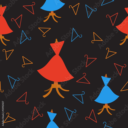 Woman beautiful dresses on hanger. Fashion, sewing concept. Vector seamless pattern, tiling ornament.